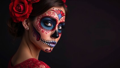 Celebration of life with vibrant sugar skull makeup during Day of the Dead festivities in a dark, artistic setting
