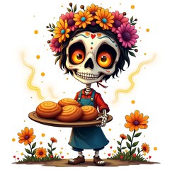 Colorful skeleton girl with flowers serving fresh baked goods in a vibrant landscape during a festive celebration