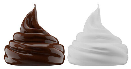 Milk and chocolate splash. Milkshake and melted brown choco isolated on white background. 3d render.