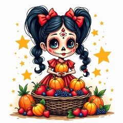 Girl in festive attire surrounded by colorful fruits celebrating a vibrant harvest festival
