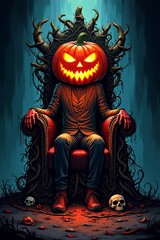 Pumpkin-headed figure sits on an eerie throne surrounded by skulls and twisted roots in a dark forest setting