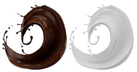 Milk and chocolate splash. Milkshake and melted brown choco isolated on white background. 3d render.