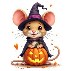 Cute mouse in a witch's hat sitting on a carved pumpkin with a joyful expression during Halloween season