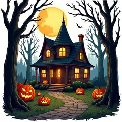 Charming haunted house surrounded by glowing pumpkins under a full moon at dusk