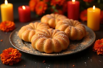 Deliciously shaped sweet bread on a decorative plate surrounded by candles and flowers for a festive celebration