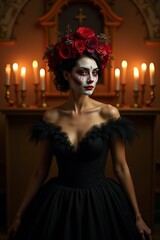 Celebration of life and death with a woman in elegant black dress and rose crown during a candlelit ceremony