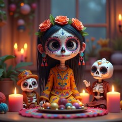 Colorful skeleton characters celebrate Day of the Dead with candles and decorations in a cozy setting