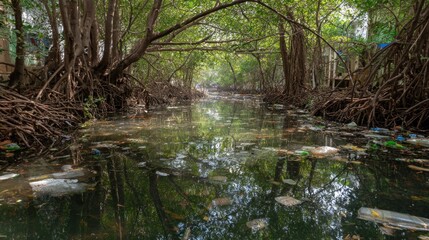 Fototapeta premium Polluted waterway surrounded by dense, leafy mangrove trees casting shadows on murky water