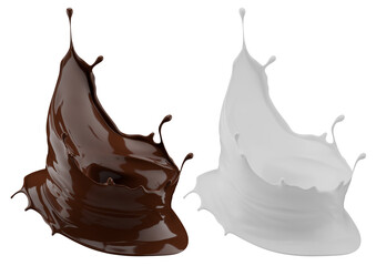 Milk and chocolate splash. Milkshake and melted brown choco isolated on white background. 3d render.