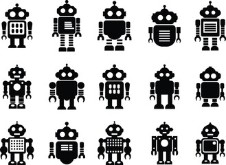 Retro robot icon set in black flat style vector Group and collection of vintage androids, droids, bots, cyborgs, mechanical machines and humanoid robots.