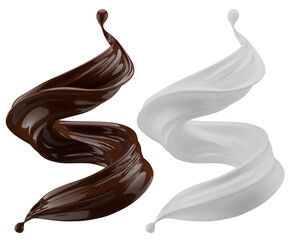 Milk and chocolate splash. Milkshake and melted brown choco isolated on white background. 3d render.