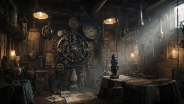Dim, cluttered workshop with gears, clocks, and scientific instruments bathed in warm light