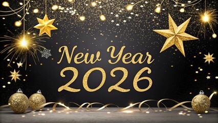 New Year 2026 Golden Glitter Sparkle on Black Background
