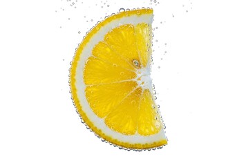 Bright yellow lemon slice with bubbles in clear liquid 1