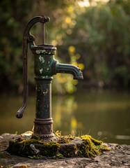 Old hand pump by a tranquil pond