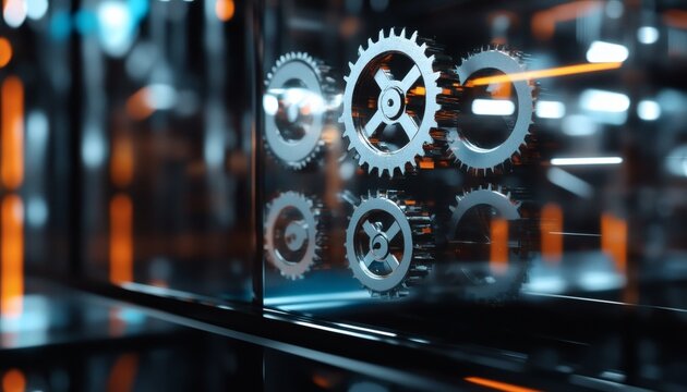 The image shows several silver gears meshing together, viewed through a dark glass pane with orange and blue lights blurred in the background. - Powered by Adobe