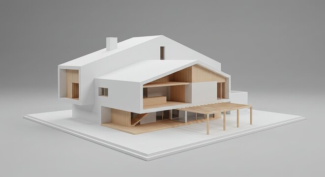 Modern architectural model of a multi story house with exposed interior and minimalist design