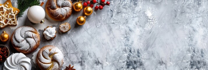 A festive arrangement of traditional Hanukkah treats including sufganiyot, gelt, and decorative elements on a marble surface, horizontal banner, copy space, free space for text