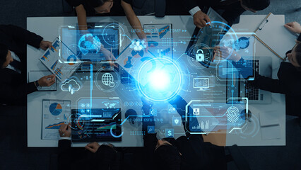 A futuristic command center interface for managing a global technology platform. The dashboard includes data security, network administration, and biometric user authentication. Fermion