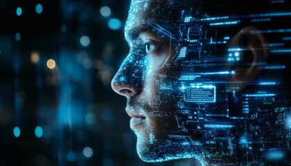 The illustration shows a person's face in profile view, with a digital circuit design superimposed, creating a technological aesthetic.