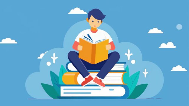 A man seated on a pile of books engrossed in reading a book, A man sitting on a book is reading, Simple and minimalist flat 2d Animation