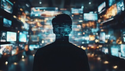 The illustration shows a person's back silhouetted against many screens that show various data streams and digital information in shades of teal and orange.