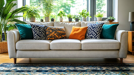 Beige sofa with teal and orange pillows in sunlit living room