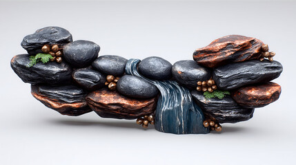 Rock and waterfall sculpture, a serene nature diorama on a plain backdrop