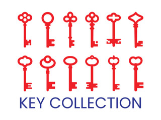 Collection of antique keys isolated on white background for decoration. Antique key silhouettes. Medieval and modern keys, red vintage shapes set.