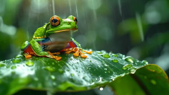 Vibrant green frog perched on leaf in rain with detailed close up