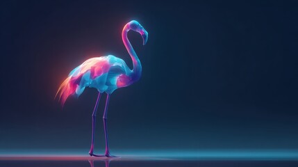 Vibrant neon flamingo standing gracefully against a dark moody background