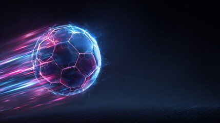 Futuristic glowing soccer ball streaking through darkness with electric energy trails
