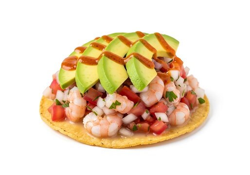 Shrimp ceviche tostada with avocado slices and chili sauce