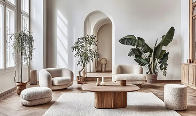 Modern living room interior design cream upholstered furniture plants hardwood floors