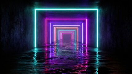 Endless neon tunnel reflecting in water with vibrant cyan and magenta hues