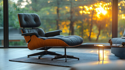 Modern leather armchair with ottoman sunset view