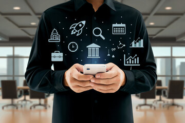 Person holding smartphone with various digital icons floating above in a conference room setting