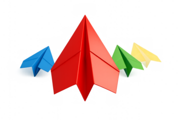 Red paper airplane leading team of colorful planes