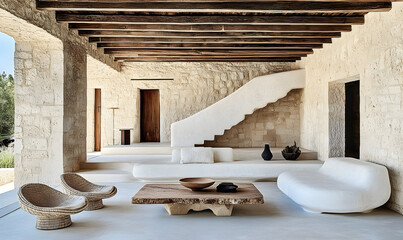 Modern minimalist home interior design with stone walls and wooden beams