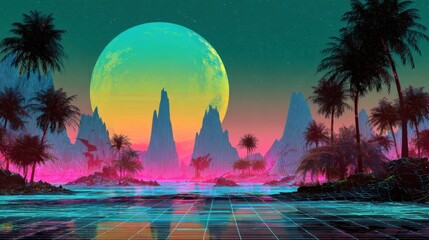 Surreal retro futuristic landscape with neon lights and palm trees under a gradient moon