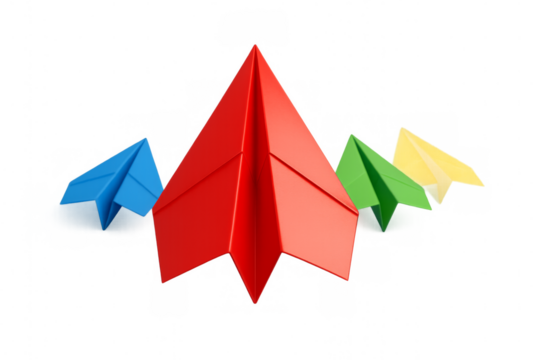 Red paper airplane leading team of colorful planes
