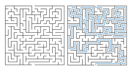 Labyrinth game maze puzzle solution in black and blue design  