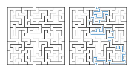 Labyrinth maze puzzle with solution illustrated on a grid layout  