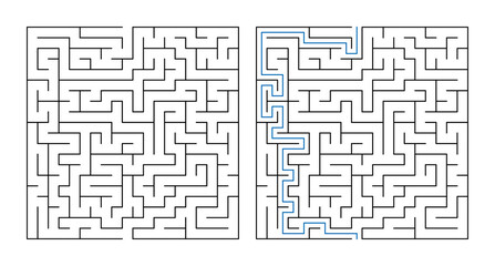 Maze puzzle with paths and solution lines in black and blue  