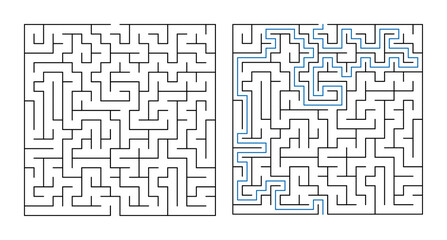 Labyrinth puzzle with solution indicated in blue lines  