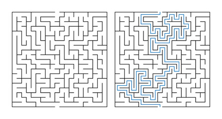 Labyrinth game maze with solution path and complex design  