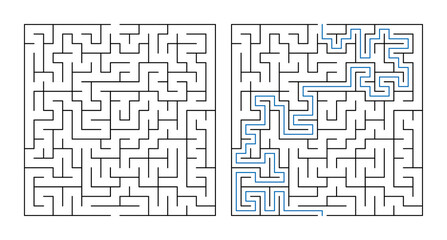Labyrinth puzzle design with solution path shown in blue highlight  
