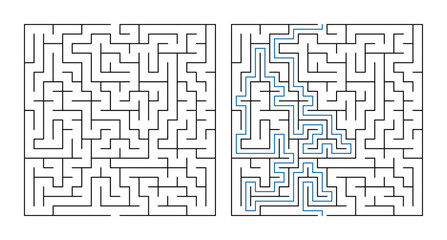 Labyrinth puzzle with maze layout and highlighted solution path  