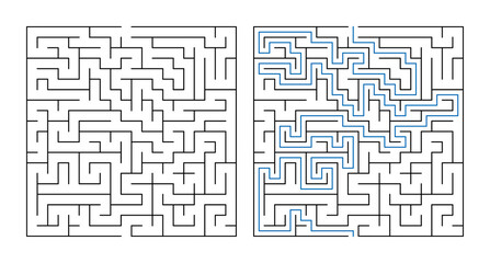 Maze puzzle showing solution path in two separate layouts  