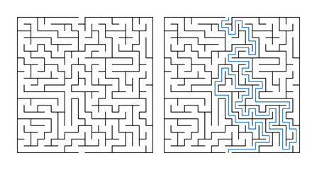Labyrinth game maze puzzle solution illustration with pathways  